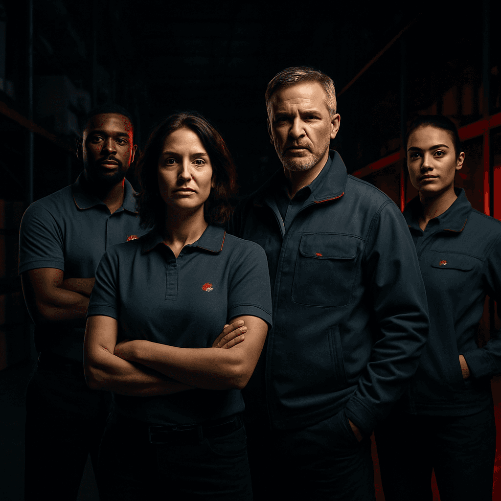 Team in bedrukte bedrijfskleding in een magazijn